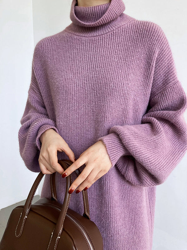 Urban Loose Purple High-Neck Long Puff Sleeve Sweater Dress AN1052