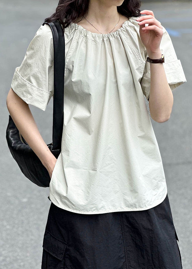 Simple Apricot O Neck Side Open Cotton T Shirt Summer AF1065