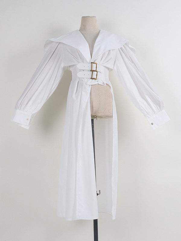 Robe longue noire plissée asymétrique à revers et ceinture moderne 