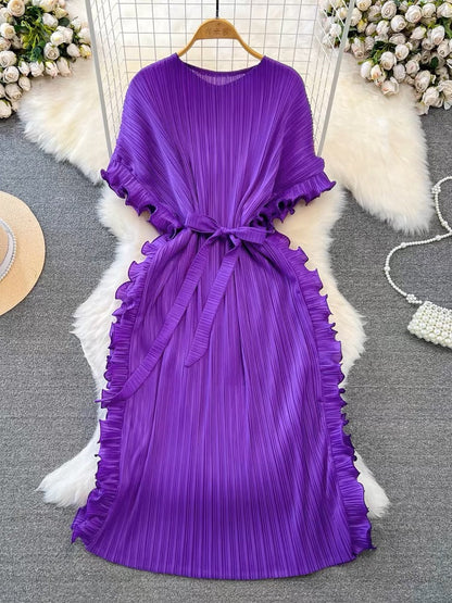 Robe ample à lacets et manches chauve-souris plissées violettes élégantes à col rond AZ1002 