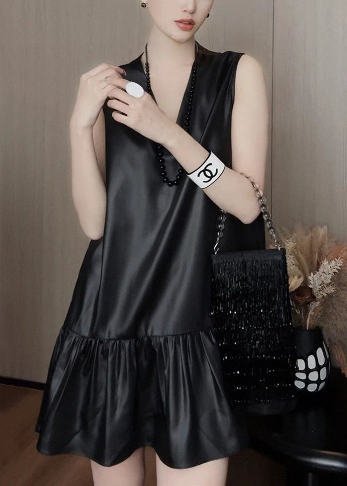 New Black V Neck Solid Silk Mid Dress Sleeveless QP033