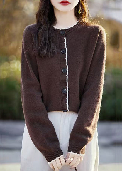 Cardigans en tricot de laine à boutons et col rond beige élégants pour l'automne QX025 