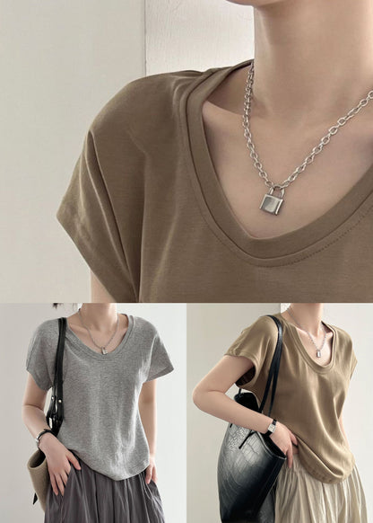 Sommer Solide Einfache Kaffee T Neck O Shirt Baumwolle 