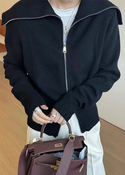 Neuer schwarzer Strickpullover mit Peter-Pan-Kragen und Reißverschluss, Herbst RY021 