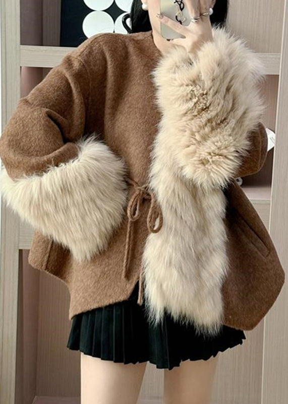 Elegant Caramel Fox Collar Patchwork Tie Waist Woolen Coats Fall RY016