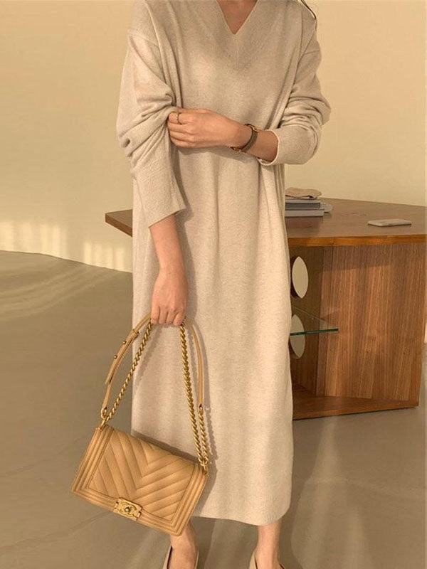 Urban Apricot V-Neck Long Sleeve Knit Dress AN1075