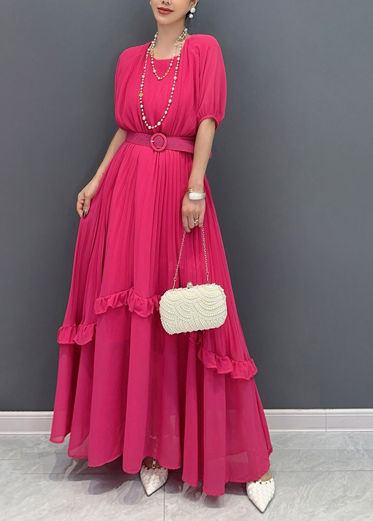 Natural Red Ruffled Patchwork Sashes Chiffon Long Dress Summer AO1047