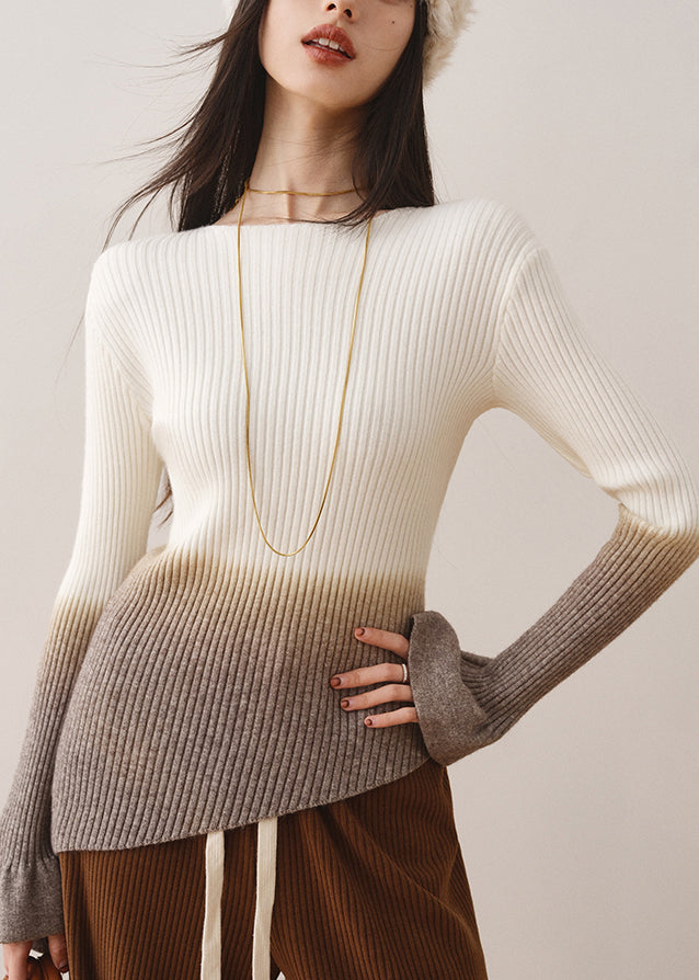 Elegant White Gradient Slash Neck Slim Knit Sweaters Fall WS018