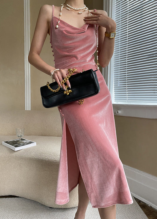 Sexy Pink Button Side Open Silk Velvet Spaghetti Strap Dress Sleeveless AF1020