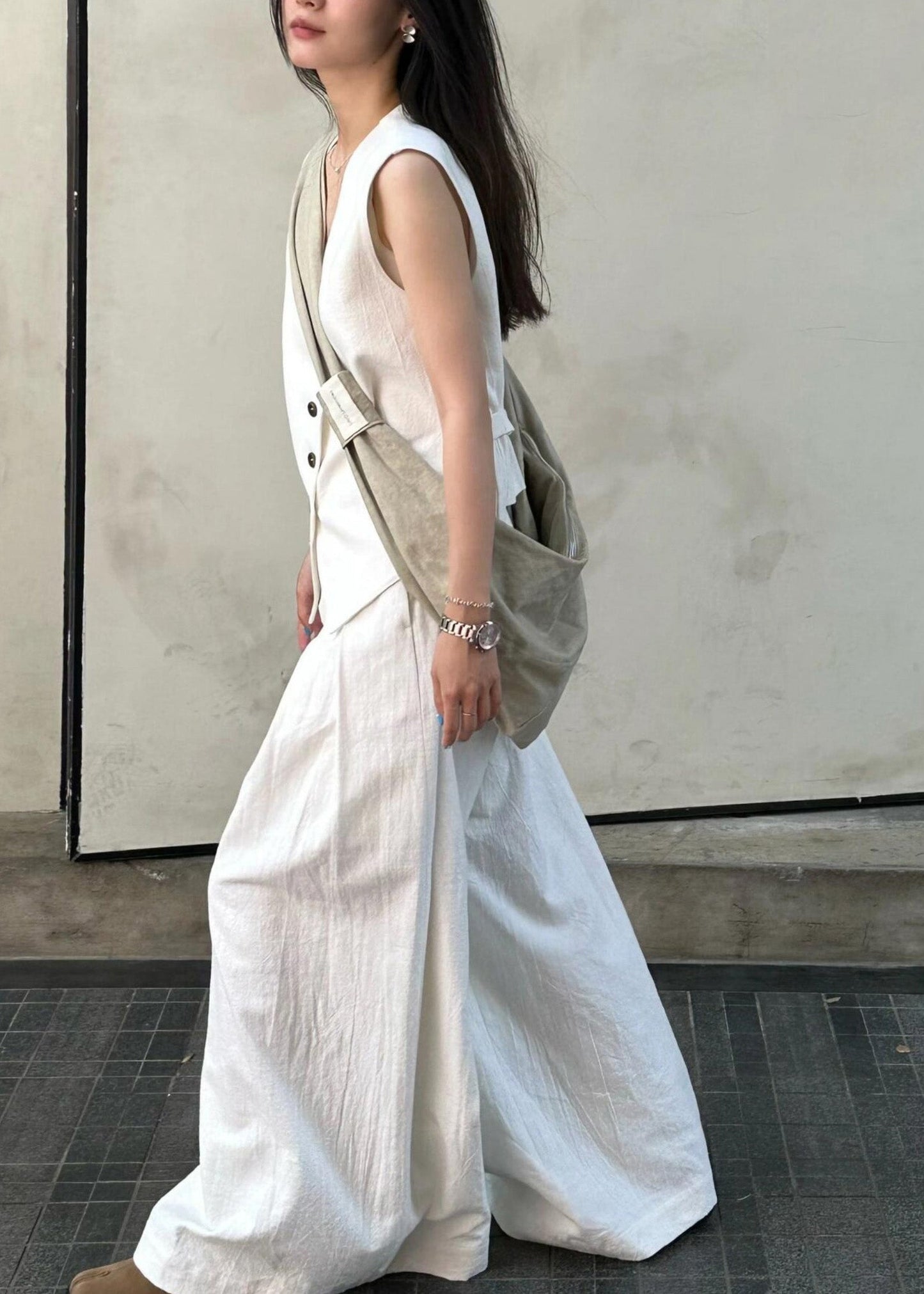 Vogue White V Neck Button Linen Waistcoat And Wide Leg Pants Two Piece Set Summer AN1030