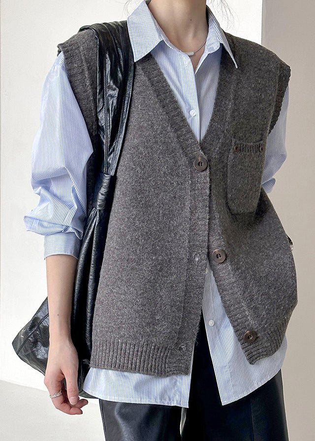 Loose Dark Gray V Neck Button Knit Vest Sleeveless AF1042