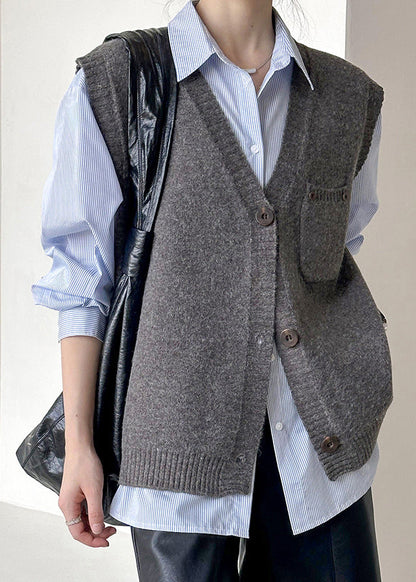 Gilet ample en tricot à boutons et col en V gris foncé sans manches AF1042 