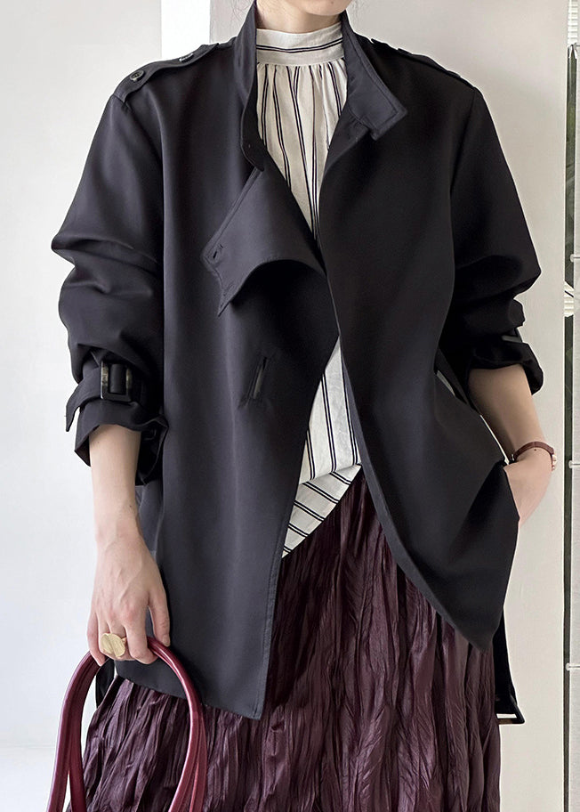 Black Button Cotton Coat Asymmetrical Long Sleeve AF1007