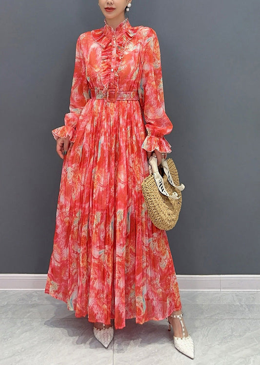 Kragen Print Mode Lange Stand Chiffon Schärpen Kleid Rot