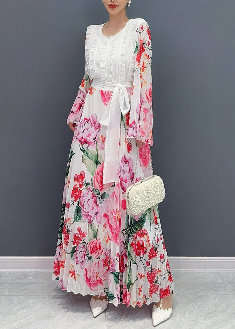 Fashion White O-Neck Ruffled Patchwork Tie Waist Chiffon Long Dress Long Sleeve AO1034