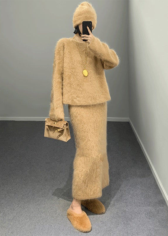 Mode Khaki O Hals Woll Zweiteiler Outfits Winter RY003 