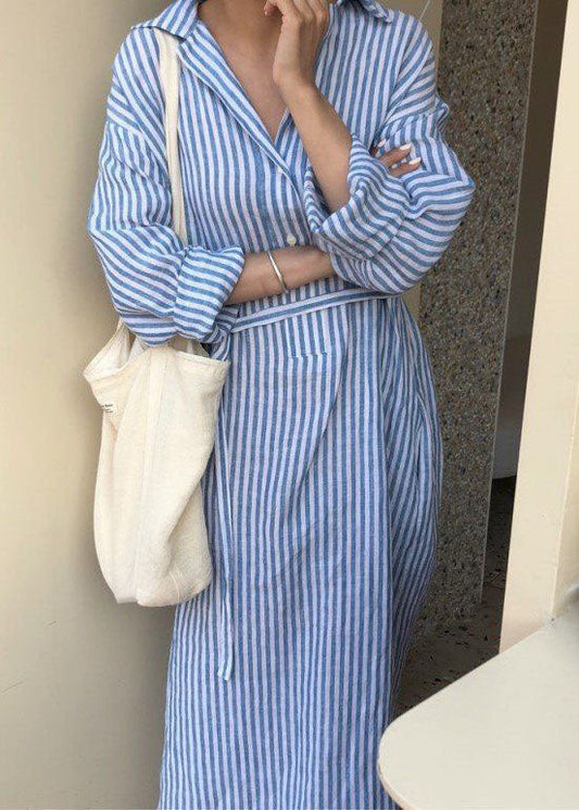 Pan Peter Kleid Frühling Moderne Hemden Blau Kragen Gestreiften Baumwolle 