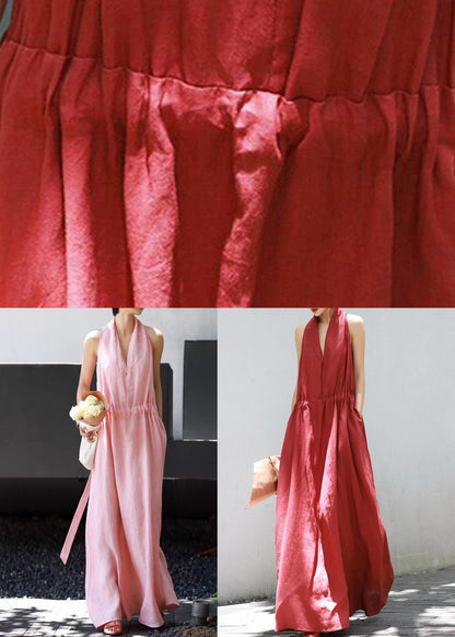 Taille Einfache Krawatte Taschen Rosa Ärmellose Kleider Leinen Lange 