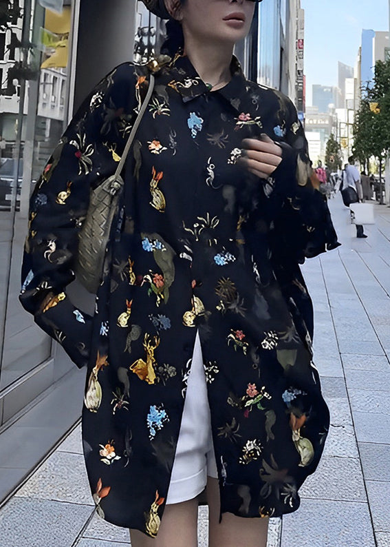 Fashion Black Peter Pan Collar Print Button Chiffon Shirt Long Sleeve TT1043