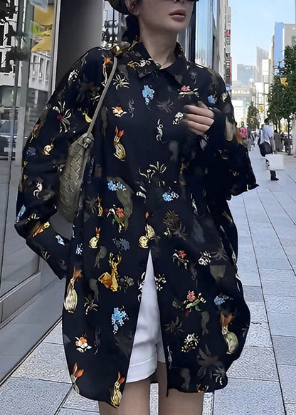 Fashion Black Peter Pan Collar Print Button Chiffon Shirt Long Sleeve TT1043