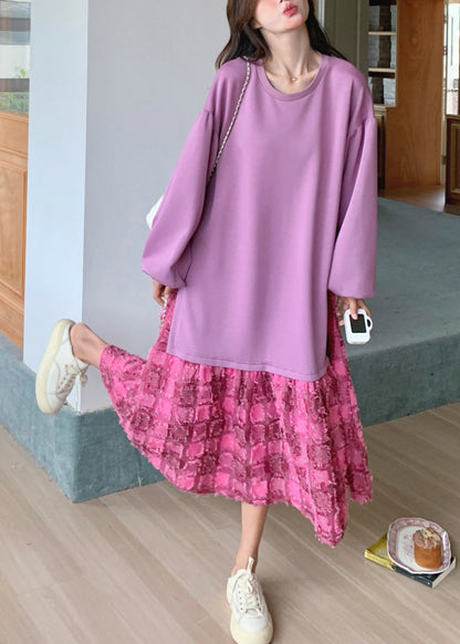 Lila Kleid Frühling Plaid O-Ausschnitt Lose Maxi 