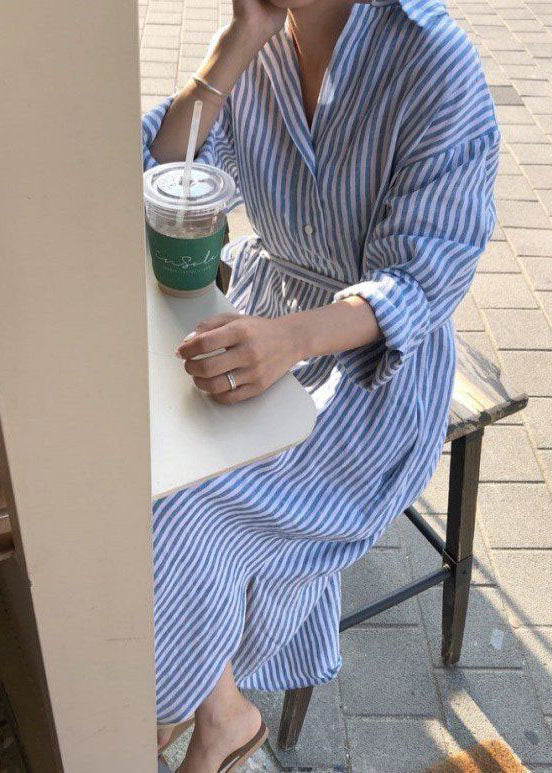 Pan Peter Kleid Frühling Moderne Hemden Blau Kragen Gestreiften Baumwolle 