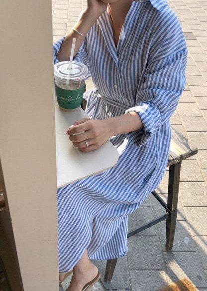 Pan Peter Kleid Frühling Moderne Hemden Blau Kragen Gestreiften Baumwolle 