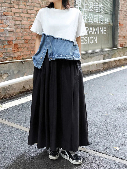 T-shirt court blanc à manches patchwork et ourlet rond en denim Street 