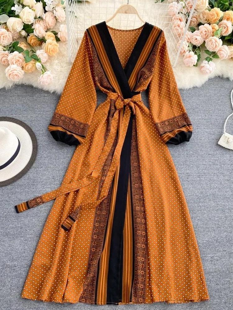 Vintage Brown V-neck Tie Waist Printed Long Puff Sleeve Dress AR1003