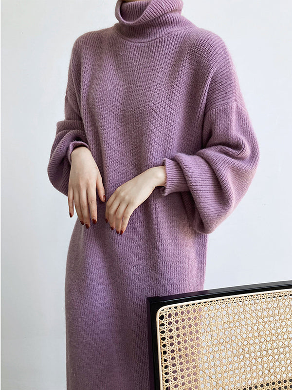 Urban Loose Purple High-Neck Long Puff Sleeve Sweater Dress AN1052