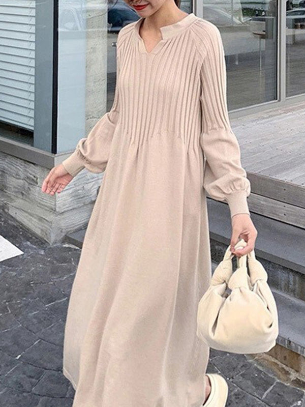 Causal Loose Grey V-Neck Pleated Long Puff Sleeve Knit Dress AN1038