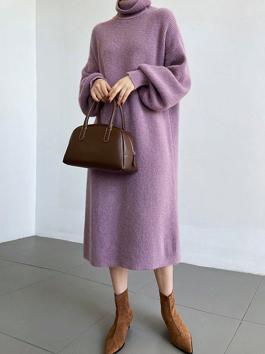 Urban Loose Purple High-Neck Long Puff Sleeve Sweater Dress AN1052