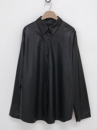 Chemise en cuir synthétique à manches longues et revers boutonnés Urban Black WS006 