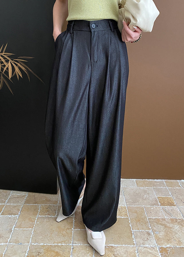 Casual Black Pockets Cotton Wide Leg Pants Summer WD003