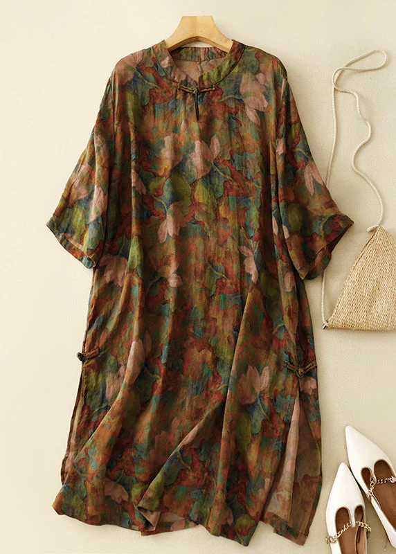 Grace Stand Collar Button Print Linen Dress Summer QR019