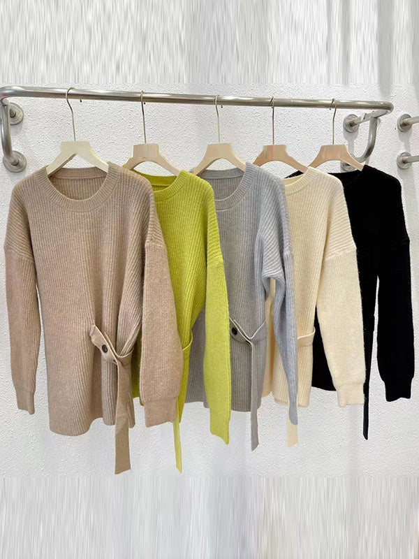 Chic Green Round-Neck Bandage Long Sleeve Knit Sweater AN1036