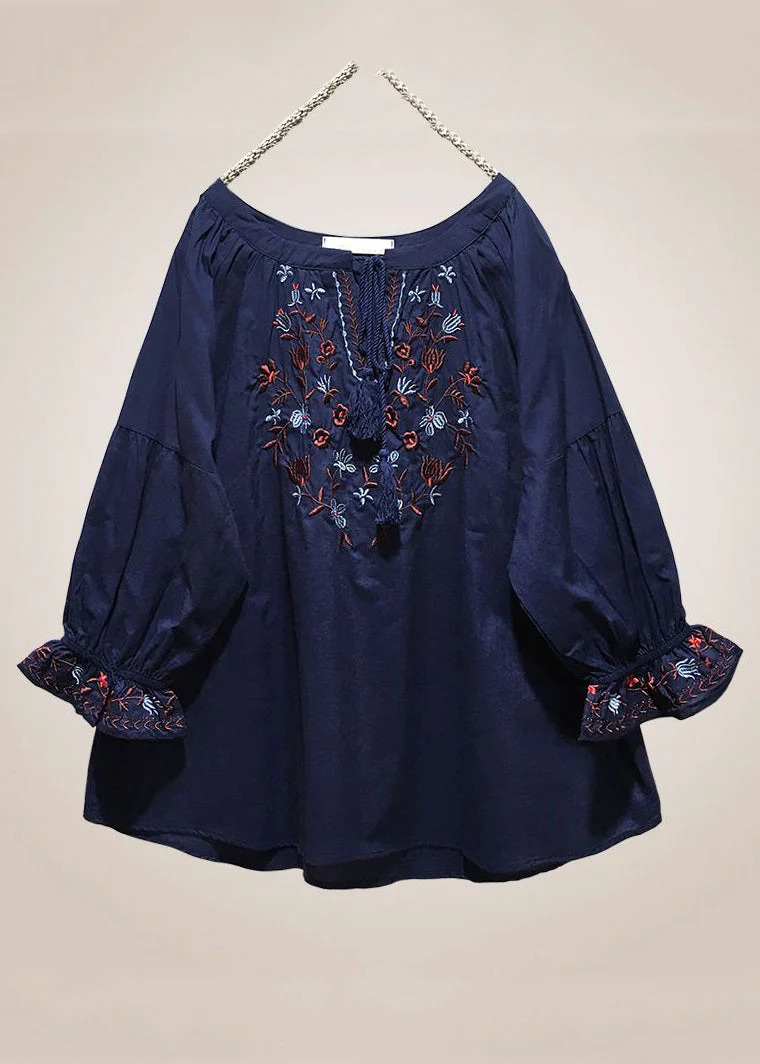 Grace Red Embroidered Lace Up Cotton Shirt Long Sleeve QR025