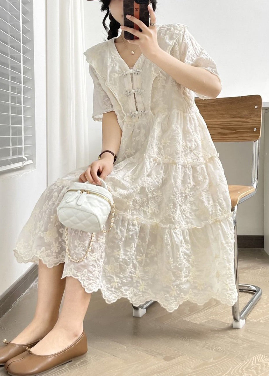 Elegant White V Neck Button Ruffled Cotton Dress Summer NN040