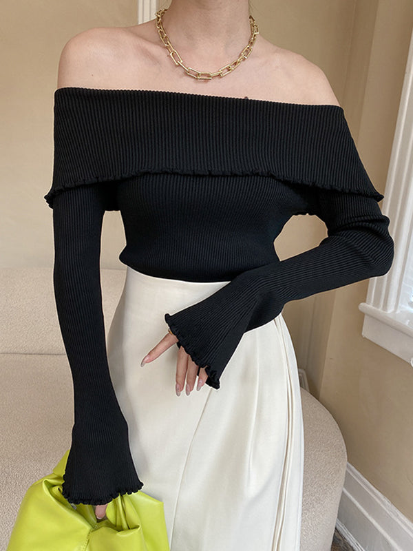 French Black Off-shoulder Long Sleeve Knit Top AN1069