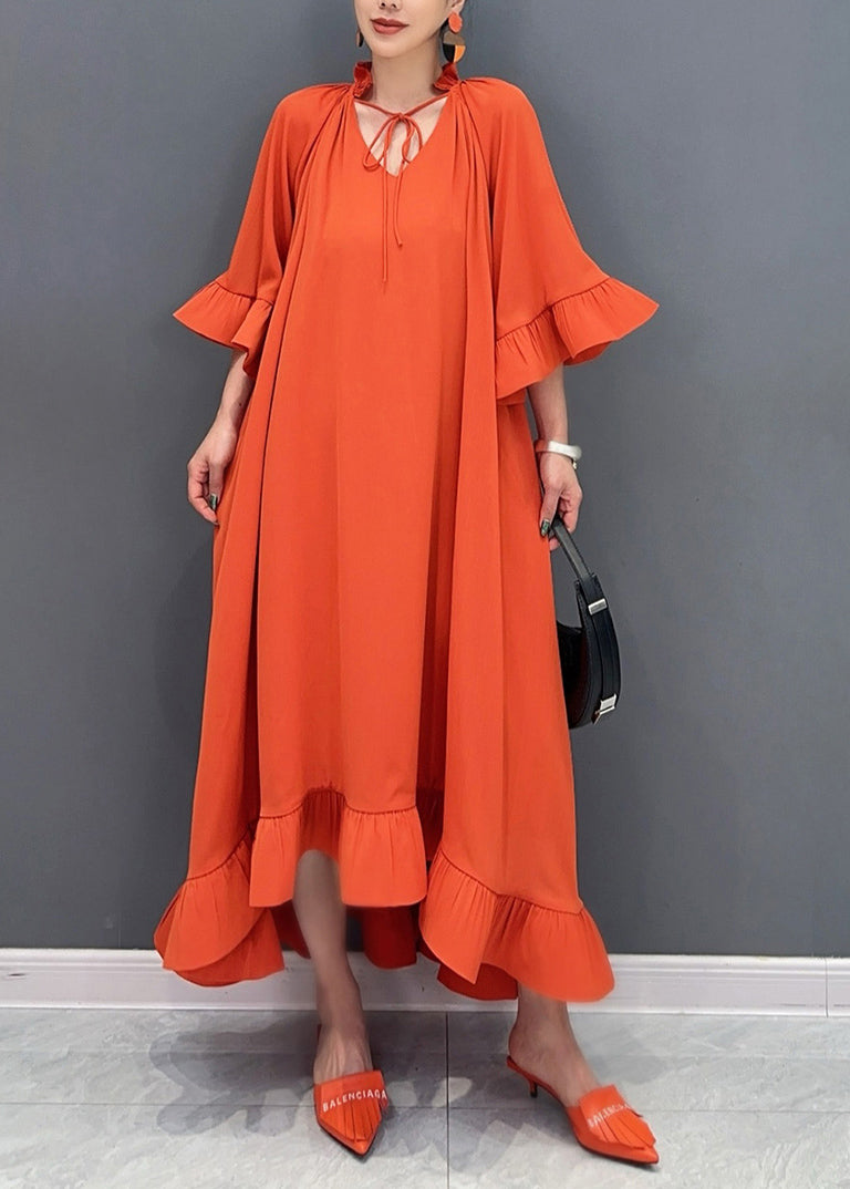 Art Orange V Neck Vacation Long Dresses Flare Sleeve AO1046