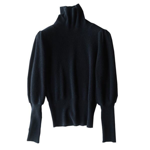 Elegant Black Turtleneck Long Puff Sleeve Knit Sweater TW001