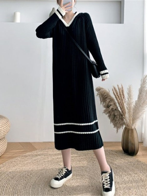 Urban Coffee Hooded V-Neck Long Sleeve Striped Knit Dress AN1051