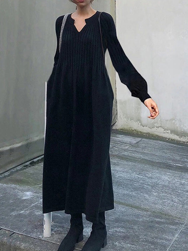 Causal Loose Grey V-Neck Pleated Long Puff Sleeve Knit Dress AN1038