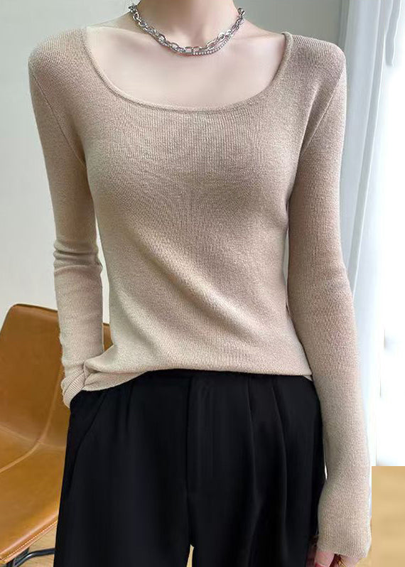 Slim Fit Light Camel O Neck Solid Wool Knit Top Fall QX026