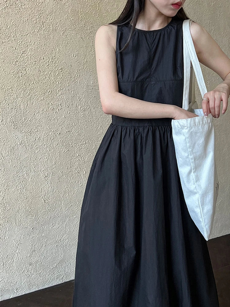 Patchwork-Kleid mit O-Ausschnitt, schlicht, ärmellos, blau, Puffsaum 