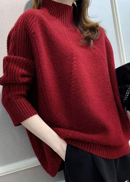 Pull en tricot de coton confortable à col roulé rouge pour femme Automne QX033 