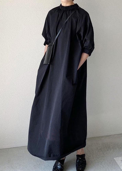Marineblaues Kleid mit Reißverschluss hinten, halbe Damen-Baumwolle, Maxiärmel 