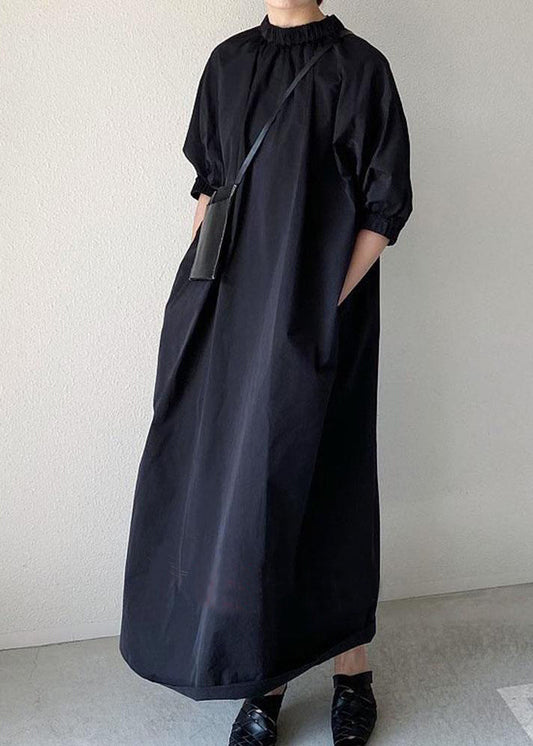 Marineblaues Kleid mit Reißverschluss hinten, halbe Damen-Baumwolle, Maxiärmel 