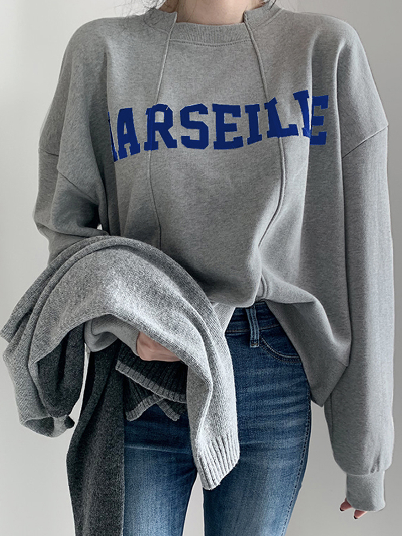 Street Loose Apricot O-Ausschnitt Buchstabendruck Langarm Sweatshirt TW003 