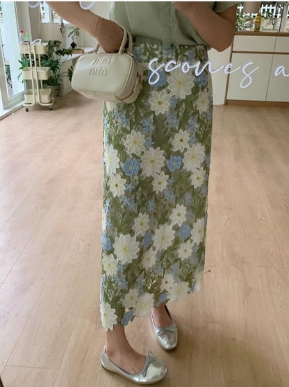 Straight Floral Green Elegant Skirt Embroidery